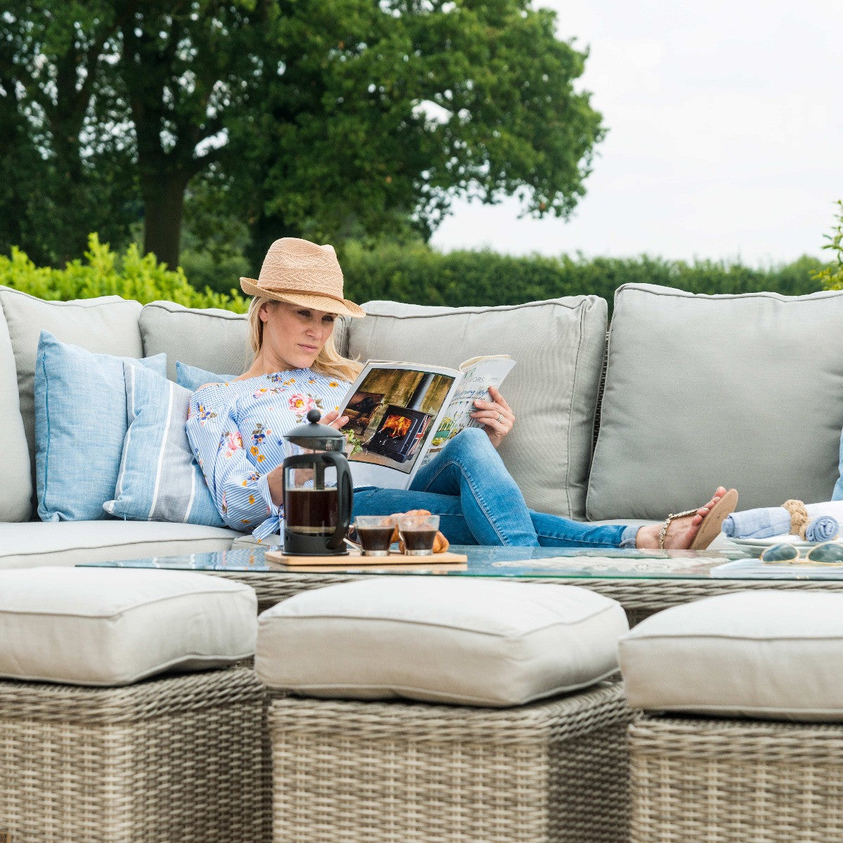Maze Oxford Grey Rattan Outdoor Corner Sofa Dining Set with Ice Bucket & Rising Table | 6-8 Seater